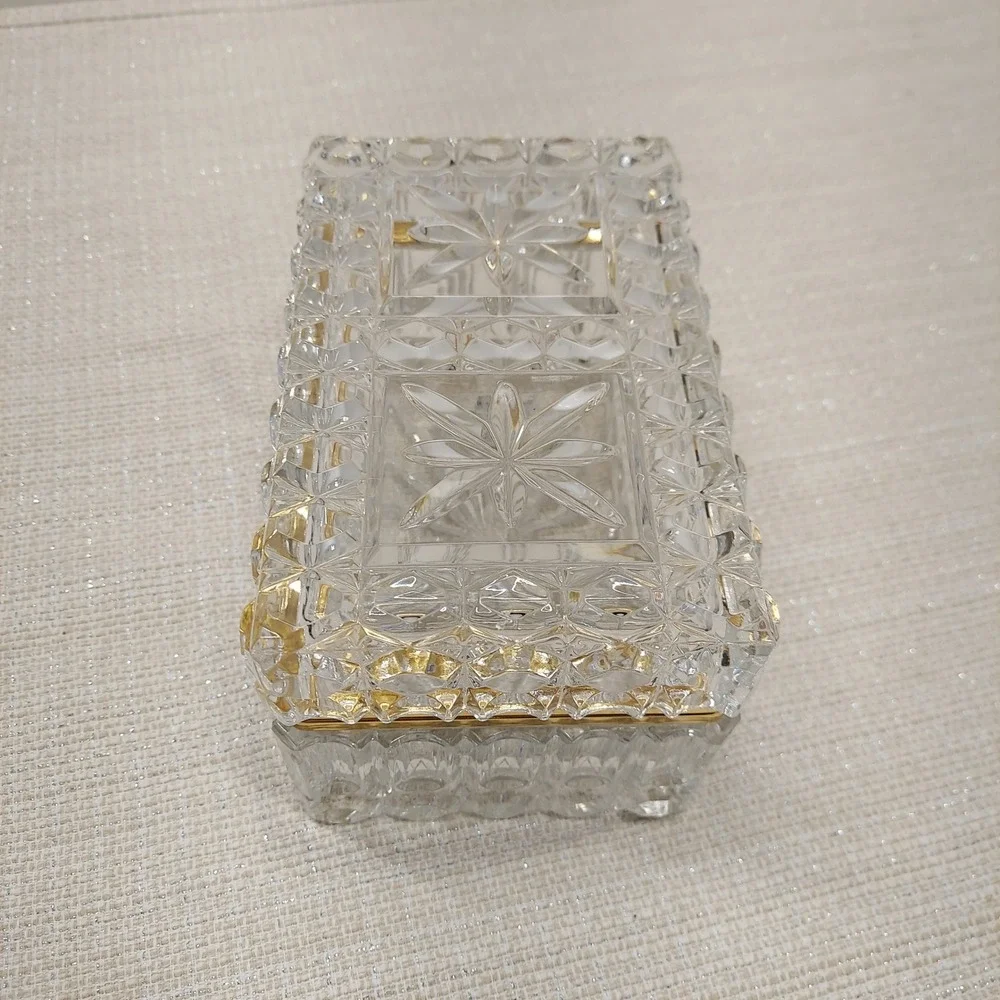Vintage French Cut Lead Crystal Brass Vanity Jewelry Trinket Casket Box Hand Cut